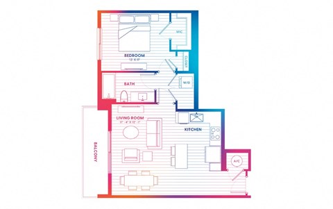 Floor plan for 1 bed, 1 bath, 745 sqft